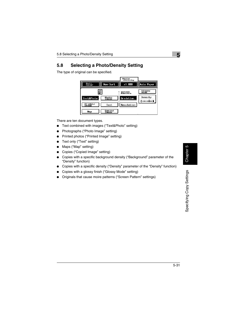 Selecting a photo/density setting -31, P. 5-31, 8 selecting a photo/density setting | Kyocera KM-C2030 User Manual | Page 118 / 154