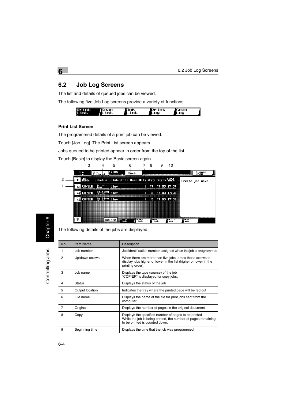 Job log screens -4 print list screen -4, 2 job log screens | Kyocera KM-C2030 User Manual | Page 129 / 154