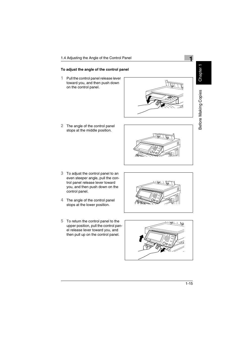 To adjust the angle of the control panel -15 | Kyocera KM-C2030 User Manual | Page 22 / 154