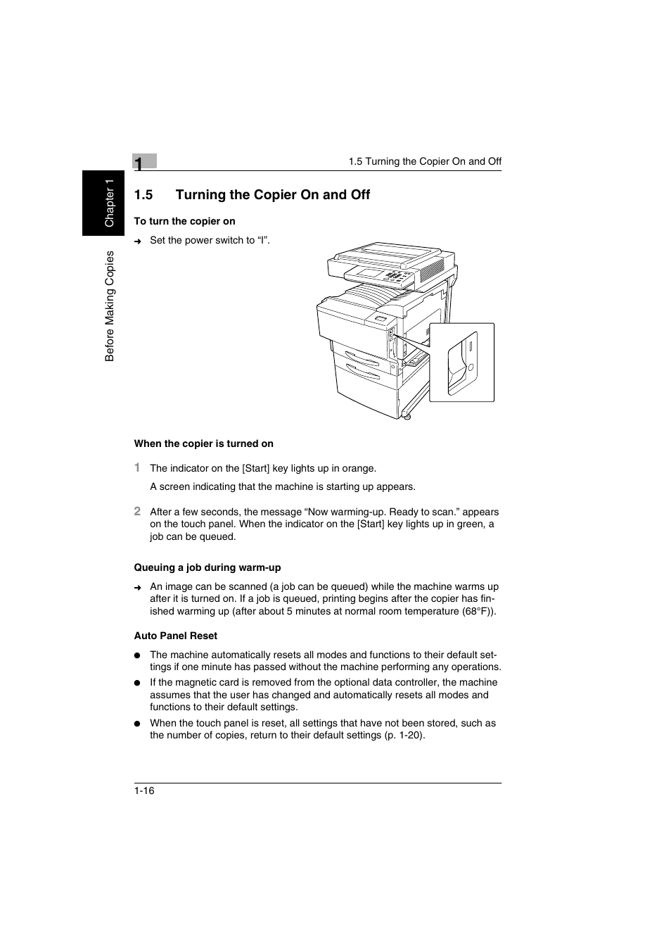 5 turning the copier on and off | Kyocera KM-C2030 User Manual | Page 23 / 154