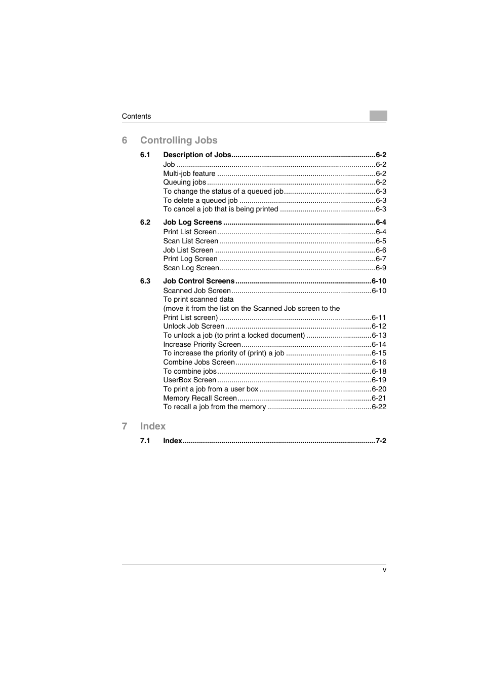 6controlling jobs, 7index | Kyocera KM-C2030 User Manual | Page 6 / 154