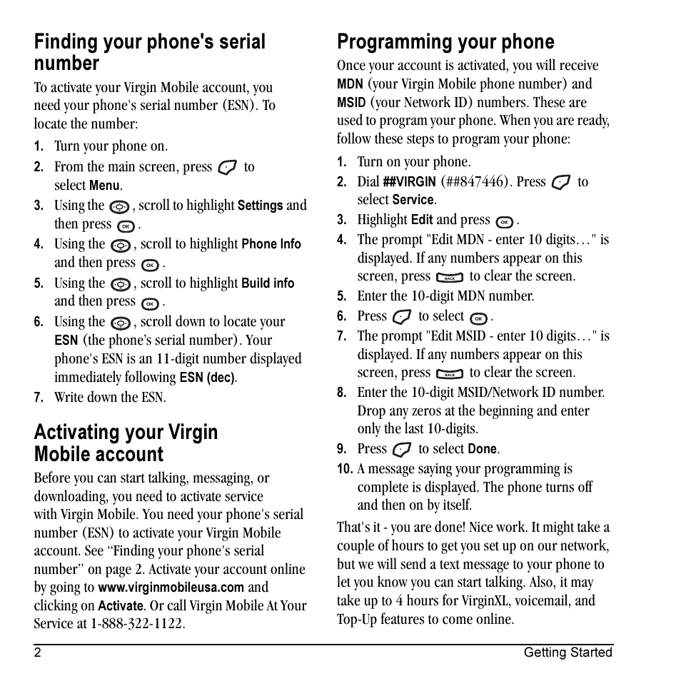 Finding your phone's serial number, Activating your virgin mobile account, Programming your phone | Kyocera Cyclops K325 User Manual | Page 10 / 68