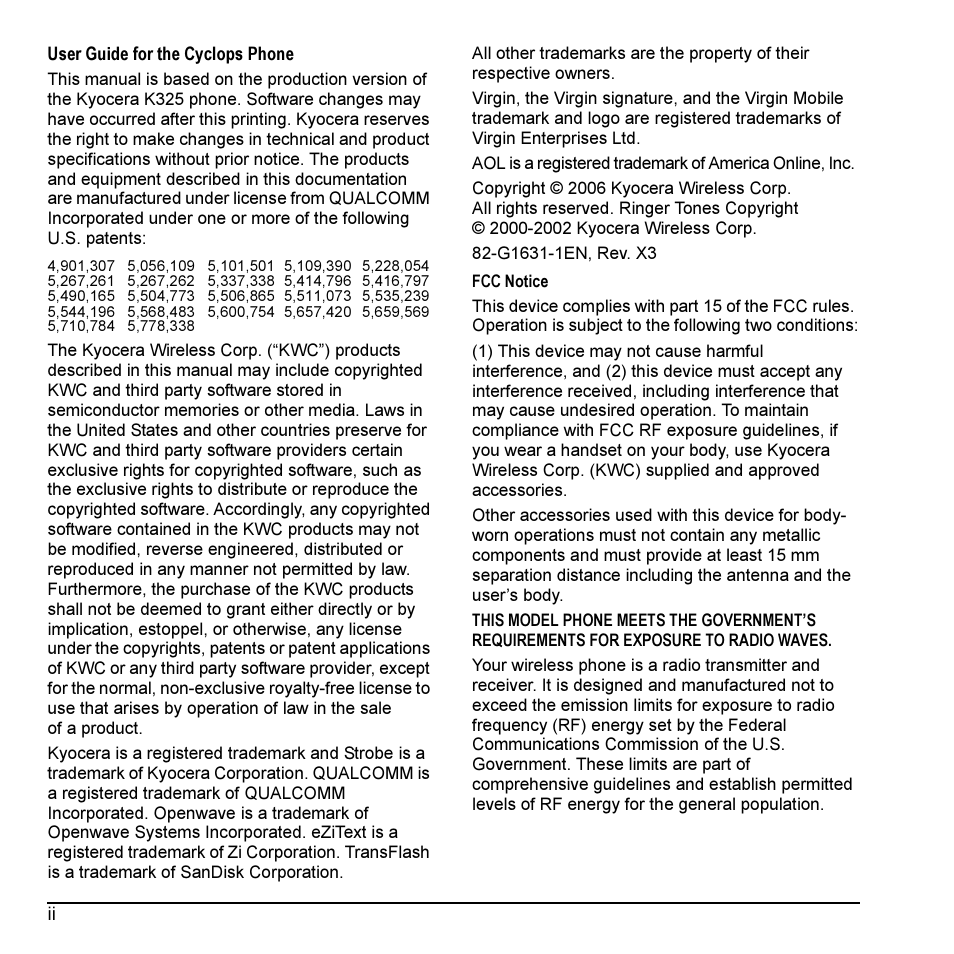 Kyocera Cyclops K325 User Manual | Page 2 / 68