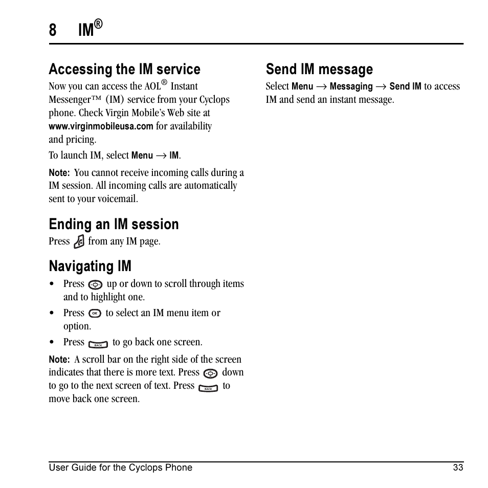 8 im, Accessing the im service, Ending an im session | Navigating im, Send im message | Kyocera Cyclops K325 User Manual | Page 41 / 68