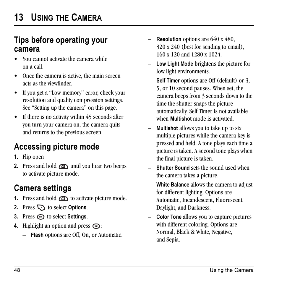13 u, Tips before operating your camera, Accessing picture mode | Camera settings, Sing, Amera | Kyocera Cyclops K325 User Manual | Page 56 / 68