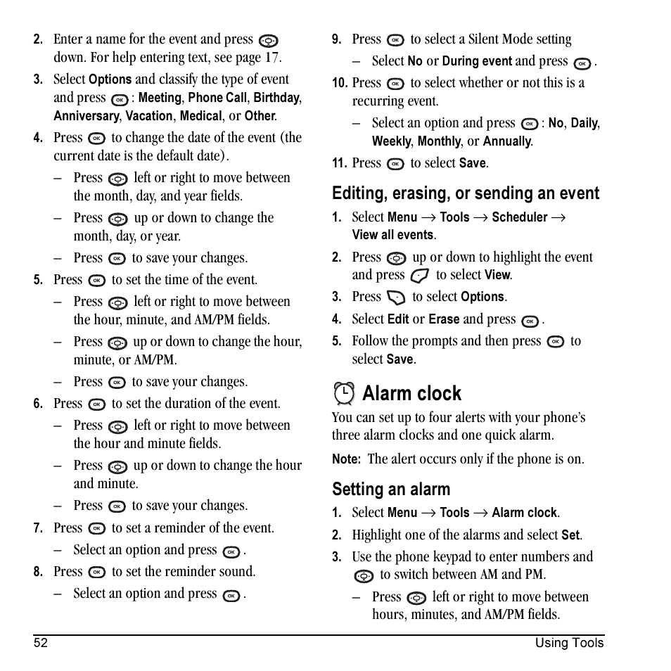 Alarm clock, Editing, erasing, or sending an event, Setting an alarm | Kyocera Cyclops K325 User Manual | Page 60 / 68