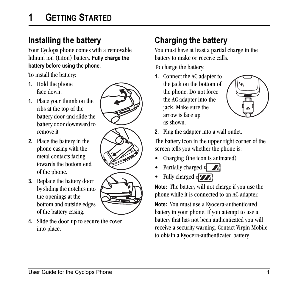 Installing the battery, Charging the battery, Etting | Tarted | Kyocera Cyclops K325 User Manual | Page 9 / 68