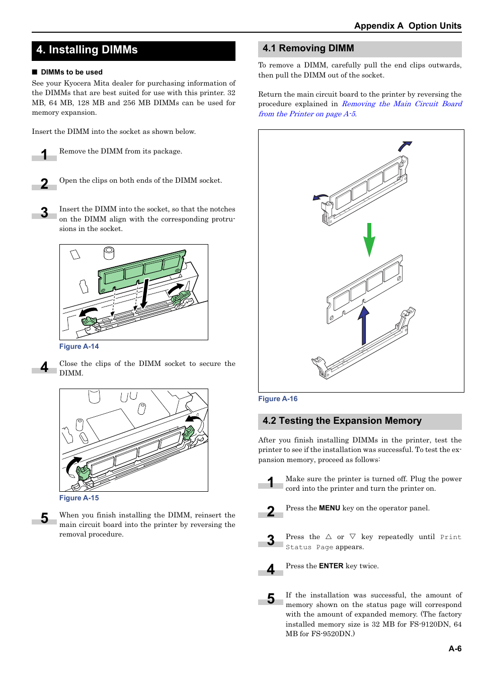 Installing dimms, 1 removing dimm, 2 testing the expansion memory | Kyocera ECOSYS FS-9520DN User Manual | Page 102 / 115
