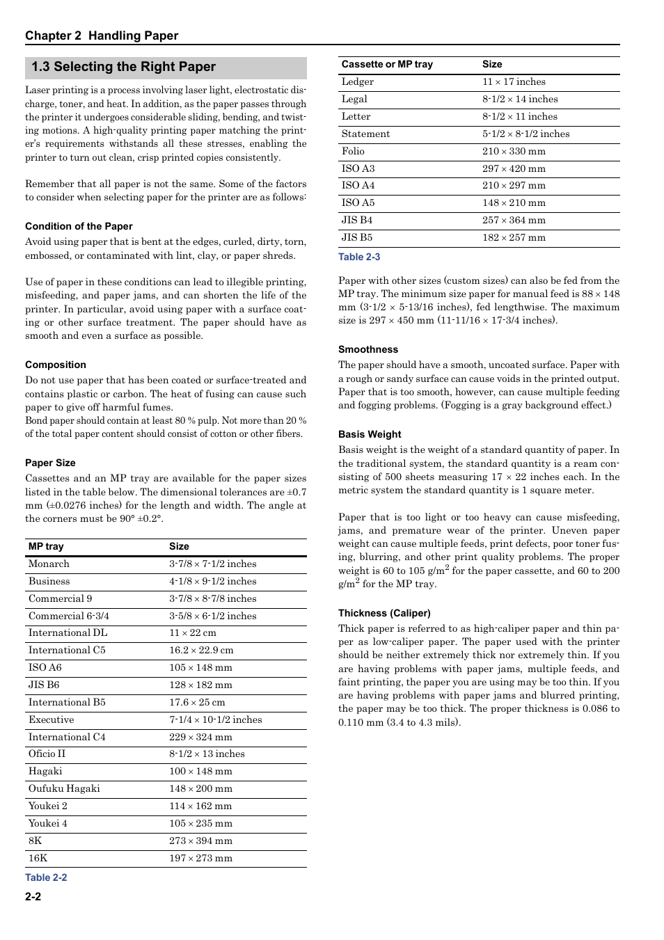 3 selecting the right paper, Condition of the paper, Composition | Paper size, Smoothness, Basis weight, Thickness (caliper), 3 selecting the right paper -2 | Kyocera ECOSYS FS-9520DN User Manual | Page 15 / 115