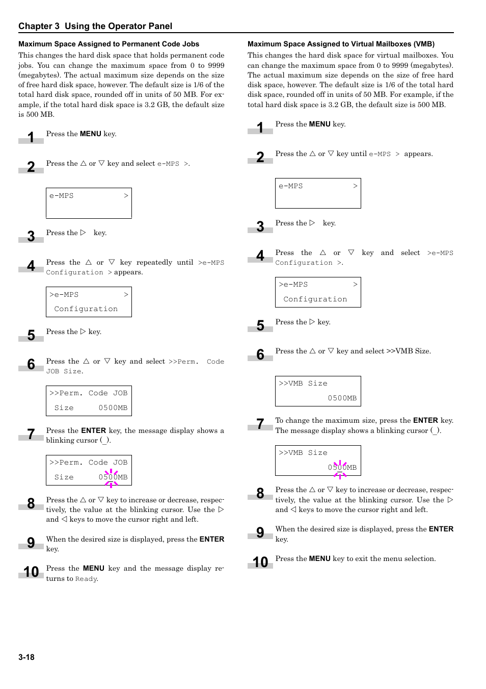 Maximum space assigned to permanent code jobs, Maximum space assigned to virtual mailboxes (vmb) | Kyocera ECOSYS FS-9520DN User Manual | Page 39 / 115