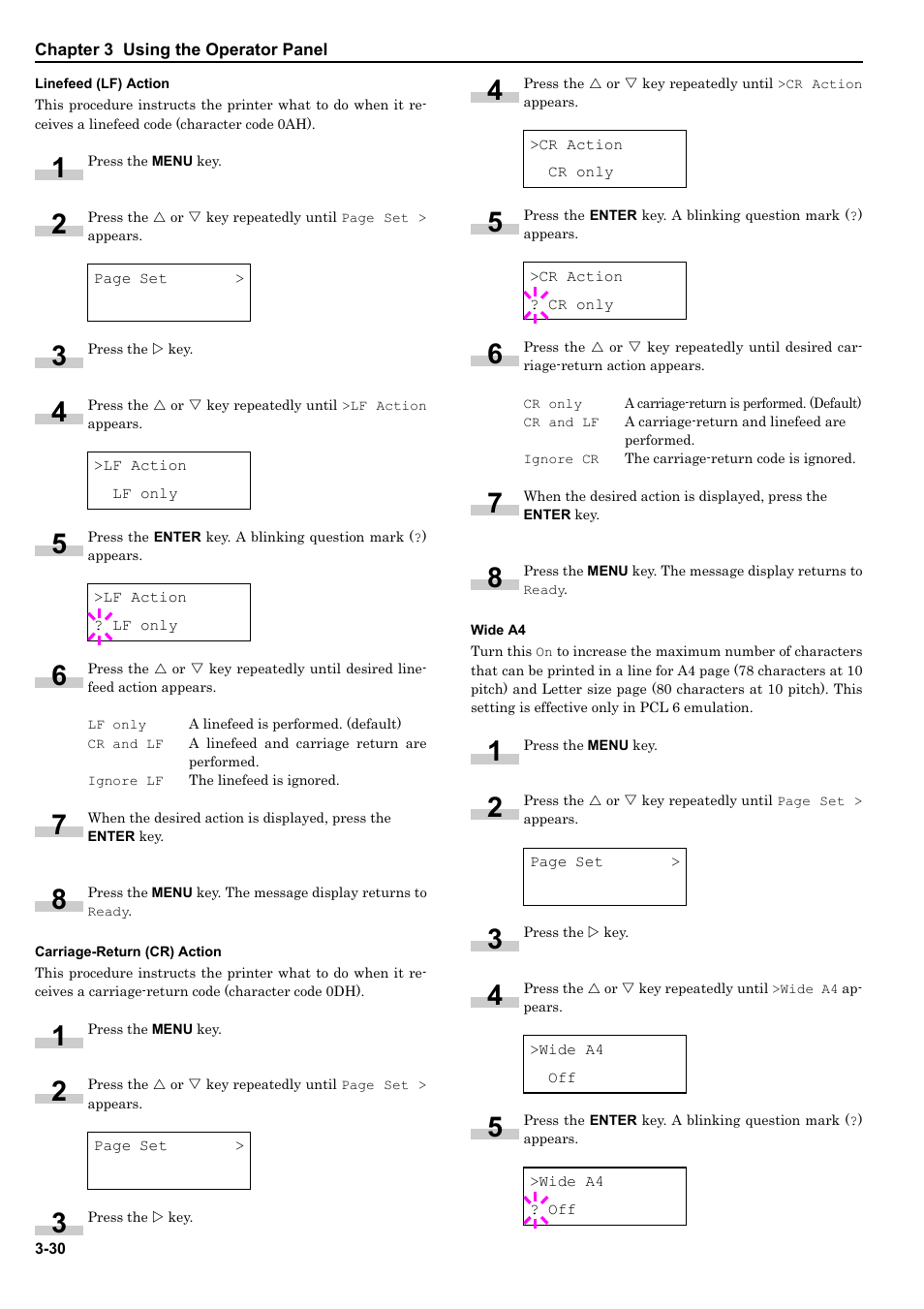 Linefeed (lf) action, Carriage-return (cr) action, Wide a4 | Kyocera ECOSYS FS-9520DN User Manual | Page 51 / 115