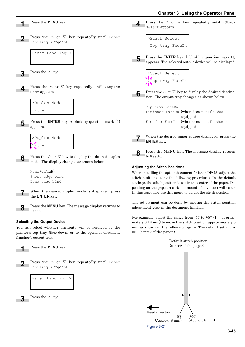 Selecting the output device, Adjusting the stitch positions | Kyocera ECOSYS FS-9520DN User Manual | Page 66 / 115