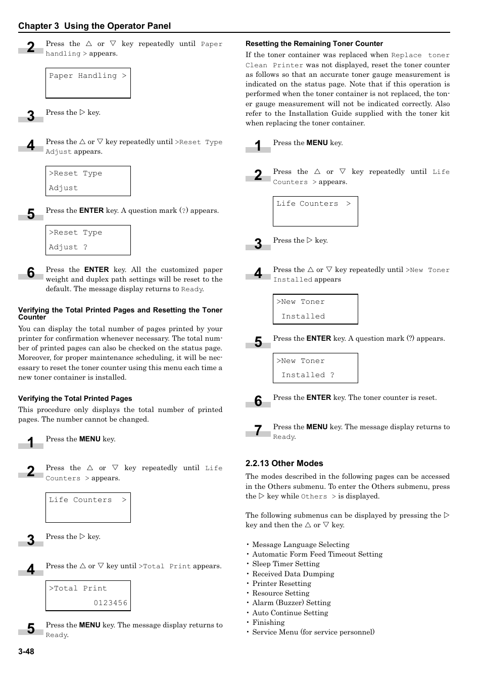 Resetting the remaining toner counter, 13 other modes, 13 other modes -48 | Kyocera ECOSYS FS-9520DN User Manual | Page 69 / 115