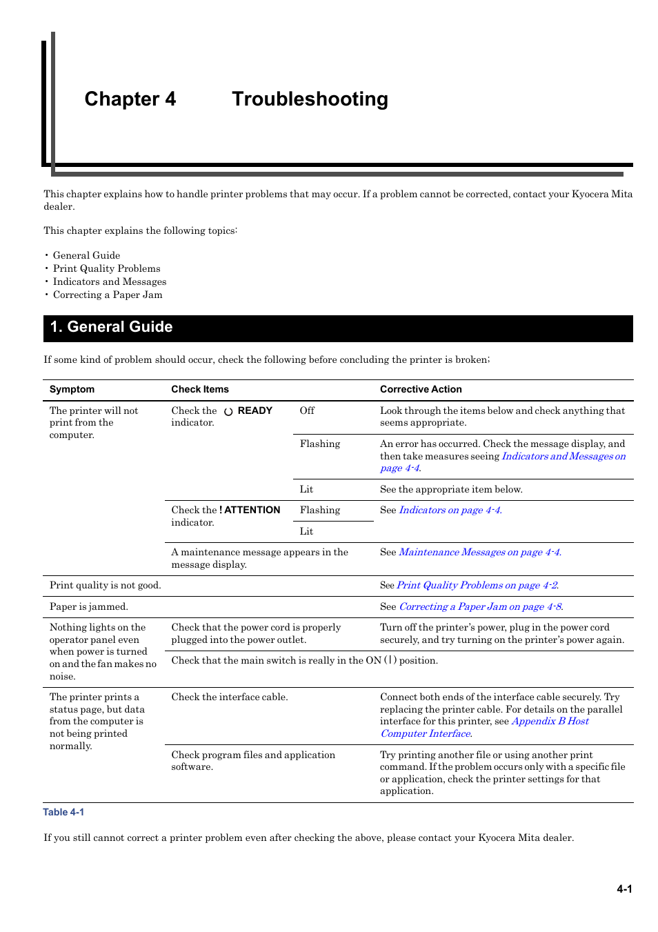 Chapter 4 troubleshooting, General guide, Chapter 4 troubleshooting -1 | 1 general guide -1 | Kyocera ECOSYS FS-9520DN User Manual | Page 77 / 115