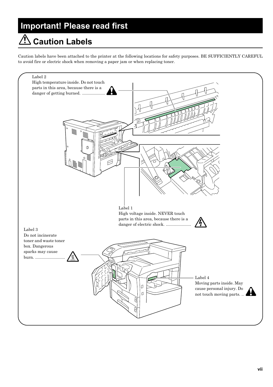 Important! please read first, Important! please read first ........ vii, Important! please read first caution labels | Kyocera ECOSYS FS-9520DN User Manual | Page 8 / 115