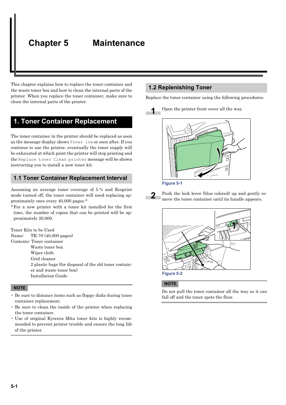 Chapter 5 maintenance, Toner container replacement, 1 toner container replacement interval | 2 replenishing toner, Chapter 5 maintenance -1, 1 toner container replacement -1, T. see, Toner container, Toner container replacement on, Toner | Kyocera ECOSYS FS-9520DN User Manual | Page 89 / 115