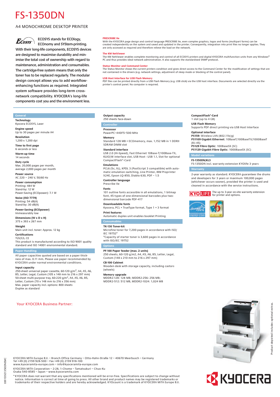 Fs-1350dn, A4 monochrome desktop printer | Kyocera FS-1350DN User Manual | Page 2 / 2