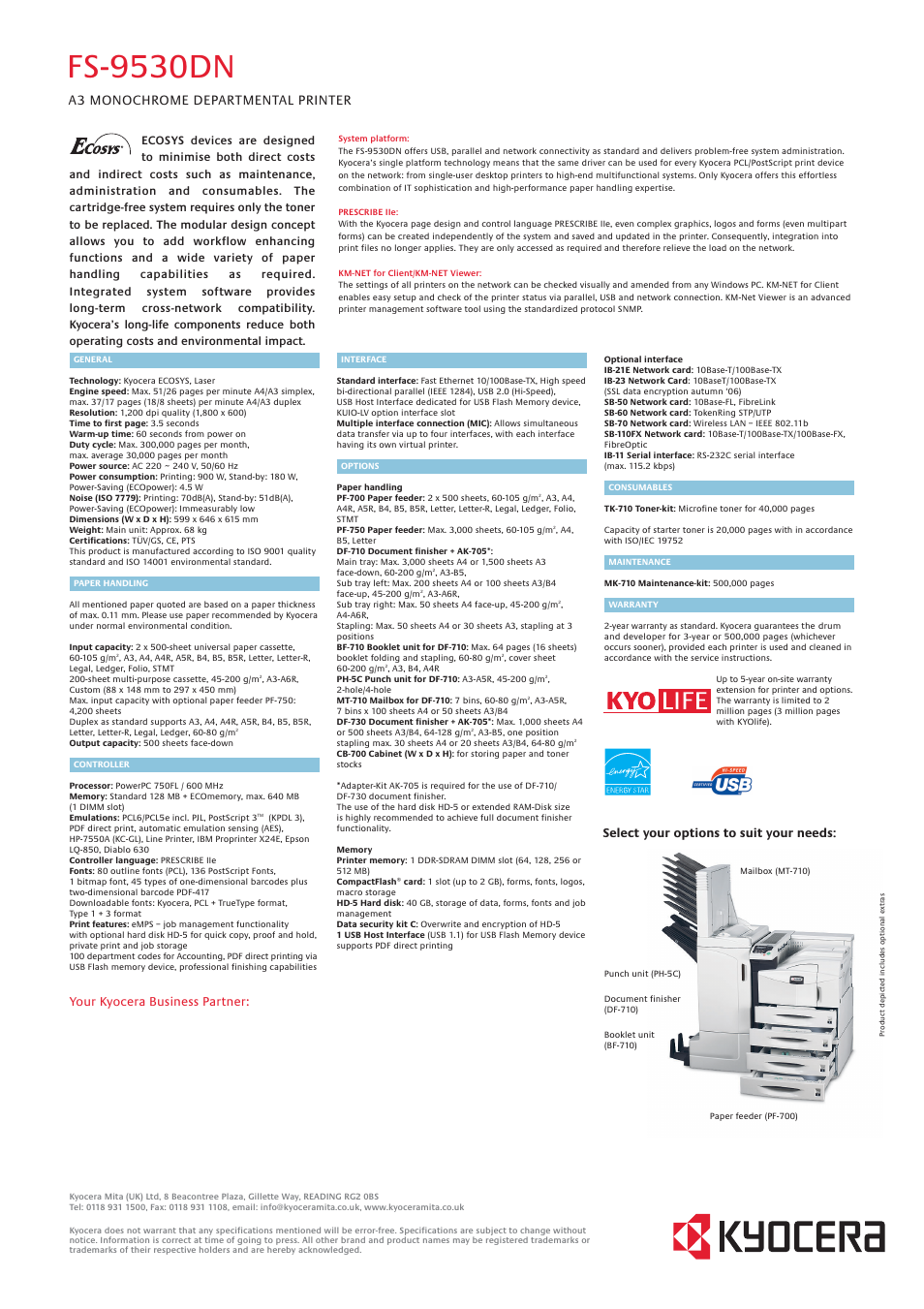Fs-9530dn, A3 monochrome departmental printer, Your kyocera business partner | Select your options to suit your needs | Kyocera FS 9530DN User Manual | Page 2 / 2