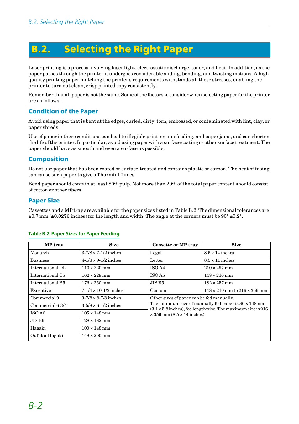 B.2. selecting the right paper, Selecting the right paper, B-2 b.2. selecting the right paper | Condition of the paper, Composition, Paper size | Kyocera FS-1200 User Manual | Page 102 / 119