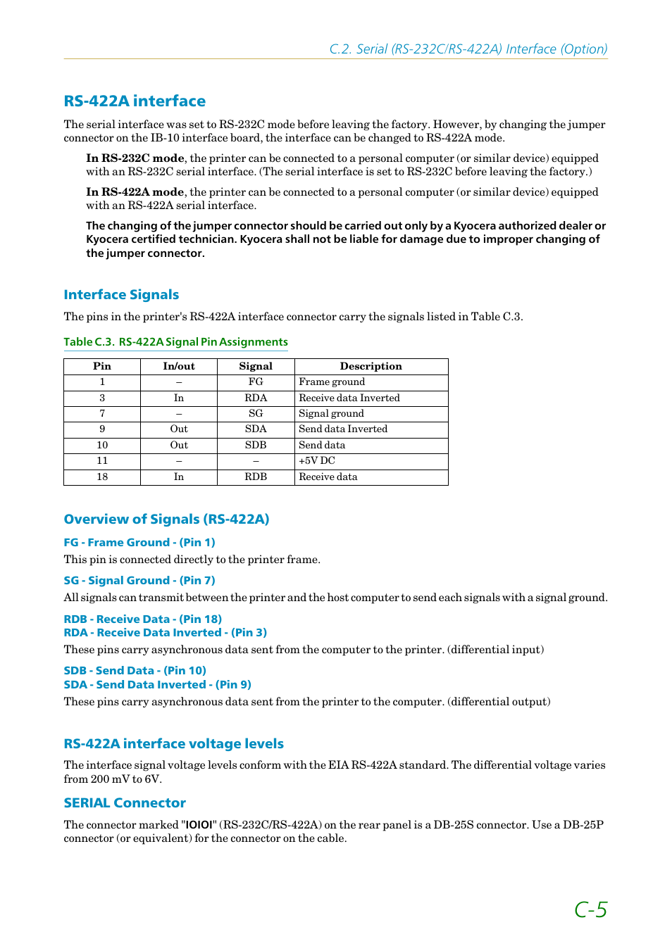 Rs-422a interface, Interface signals, Overview of signals (rs-422a) | Rs-422a interface voltage levels, Serial connector | Kyocera FS-1200 User Manual | Page 111 / 119