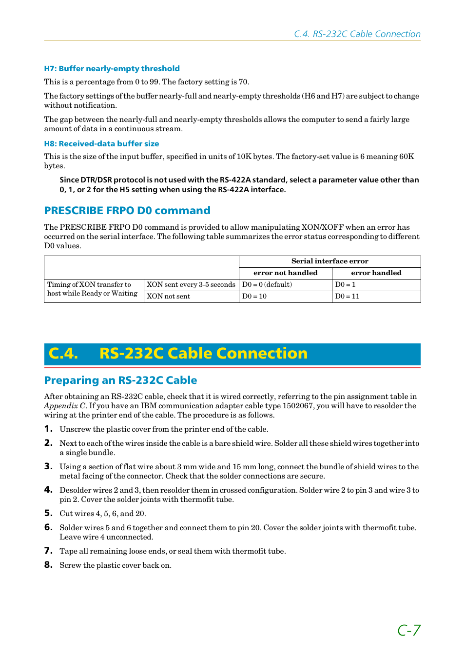 Prescribe frpo d0 command, C.4. rs-232c cable connection, Preparing an rs-232c cable | Rs-232c cable connection | Kyocera FS-1200 User Manual | Page 113 / 119