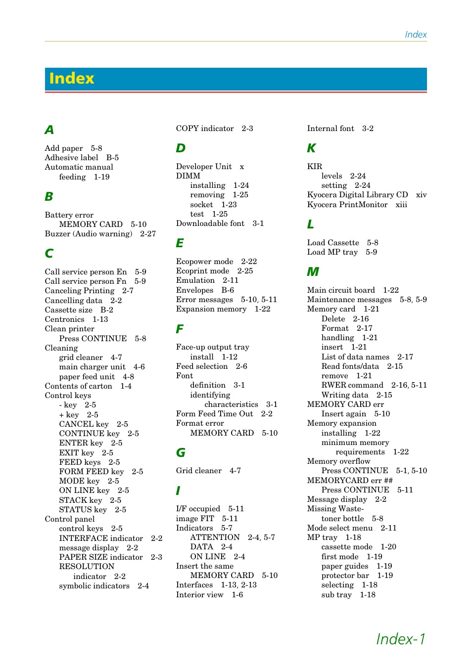 Index, Index-1, Index-1 index | Kyocera FS-1200 User Manual | Page 115 / 119
