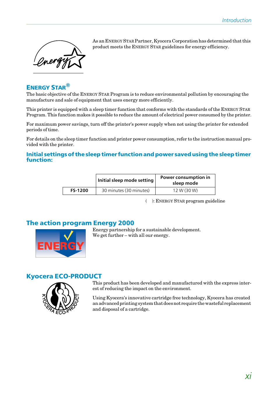 Energy star, The action program energy 2000, Kyocera eco-product | Kyocera FS-1200 User Manual | Page 12 / 119