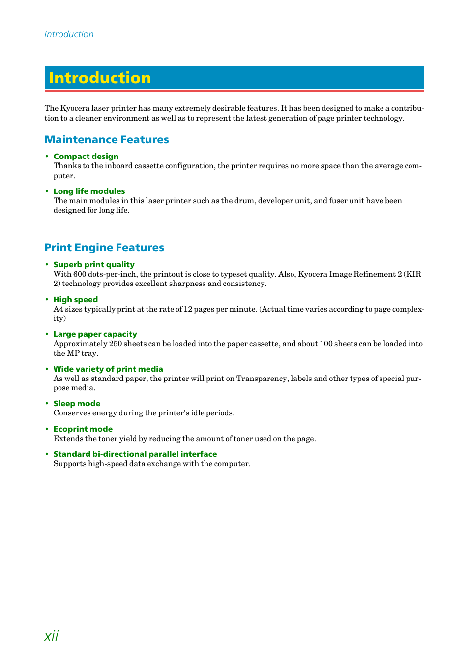 Introduction, Maintenance features, Print engine features | Xii introduction | Kyocera FS-1200 User Manual | Page 13 / 119