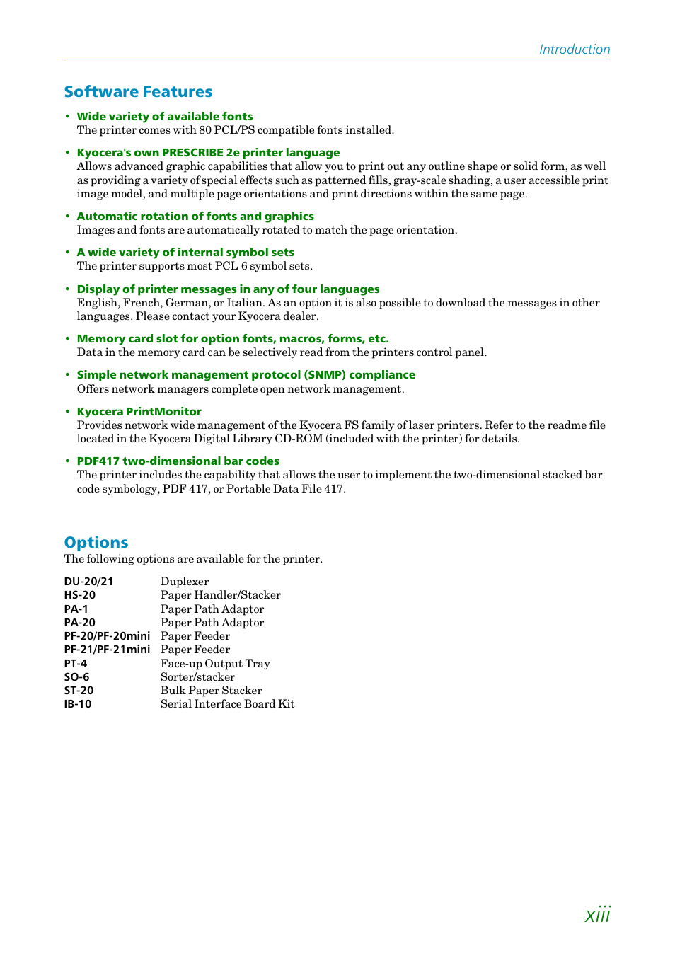 Software features, Options, Xiii | Kyocera FS-1200 User Manual | Page 14 / 119