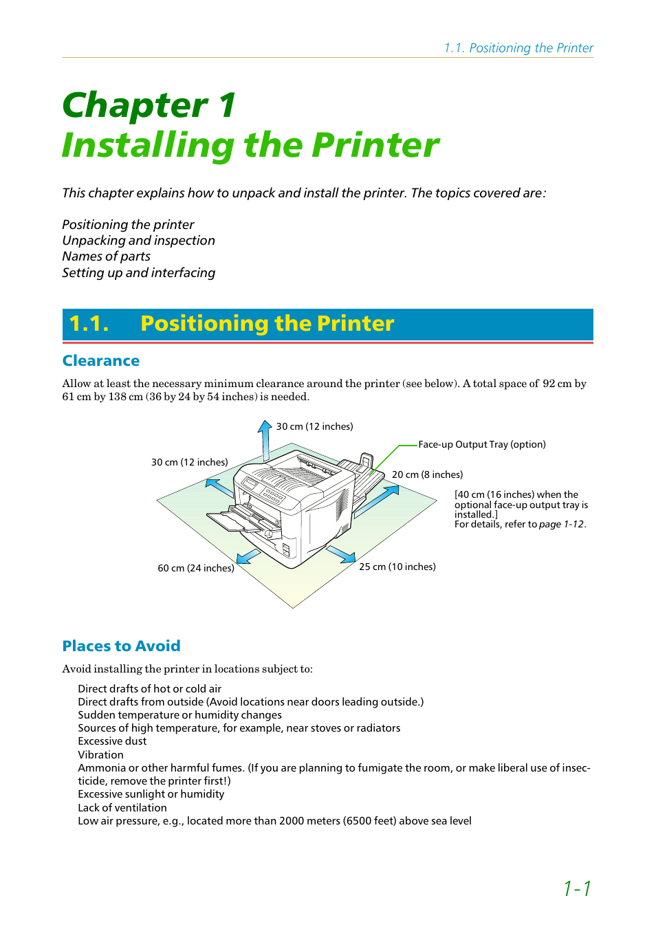 Chapter 1 installing the printer, Positioning the printer, Clearance | Places to avoid, Chapter 1, Installing the printer, Clearance -1 places to avoid -1 | Kyocera FS-1200 User Manual | Page 20 / 119