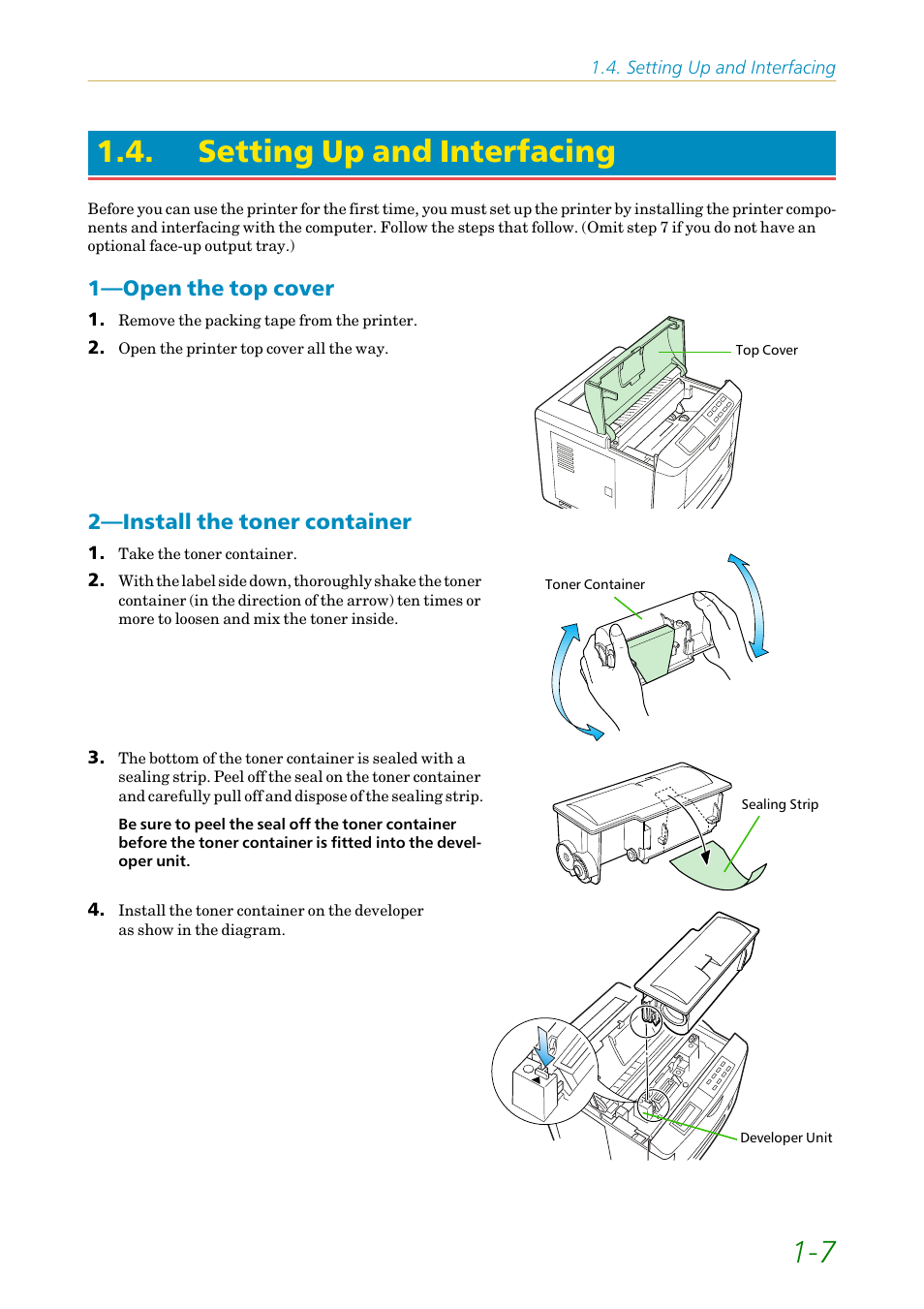 Setting up and interfacing, Open the top cover, Install the toner container | 7 1.4. setting up and interfacing | Kyocera FS-1200 User Manual | Page 26 / 119