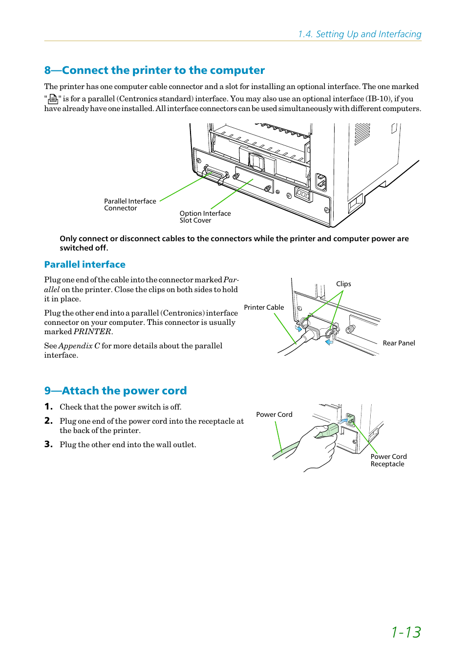 Connect the printer to the computer, Attach the power cord, 8—connect the printer to the computer | 9—attach the power cord | Kyocera FS-1200 User Manual | Page 32 / 119