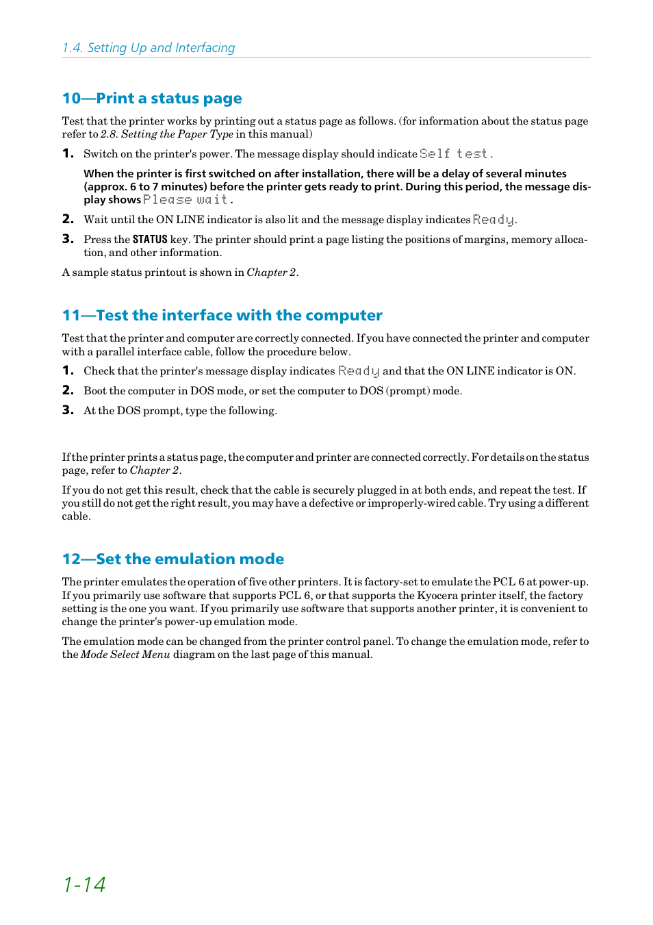 Test the interface with the computer, Set the emulation mode, 10—print a status page | 11—test the interface with the computer, 12—set the emulation mode | Kyocera FS-1200 User Manual | Page 33 / 119