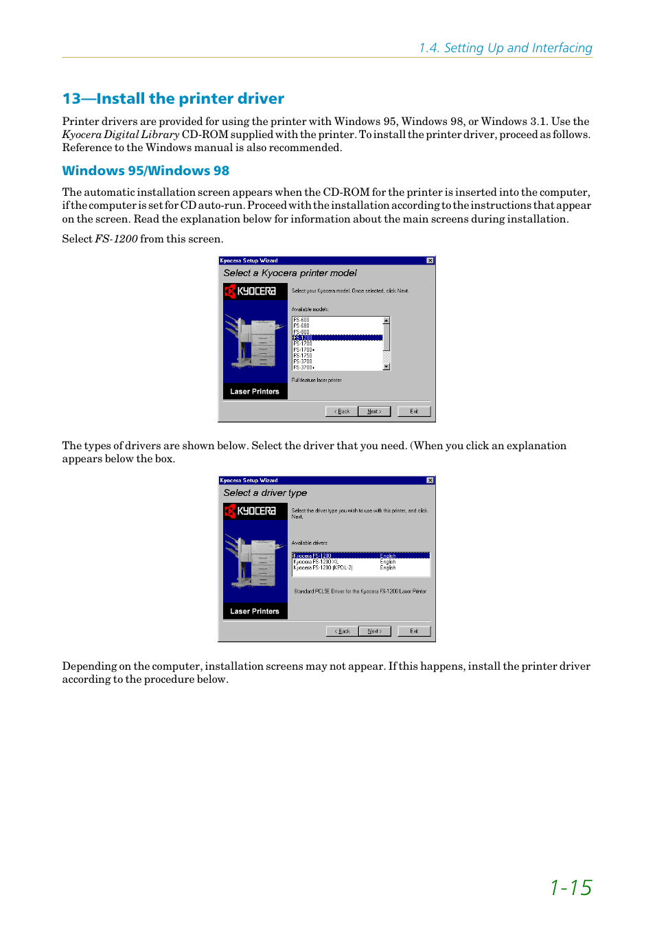 Install the printer driver, 13—install the printer driver | Kyocera FS-1200 User Manual | Page 34 / 119