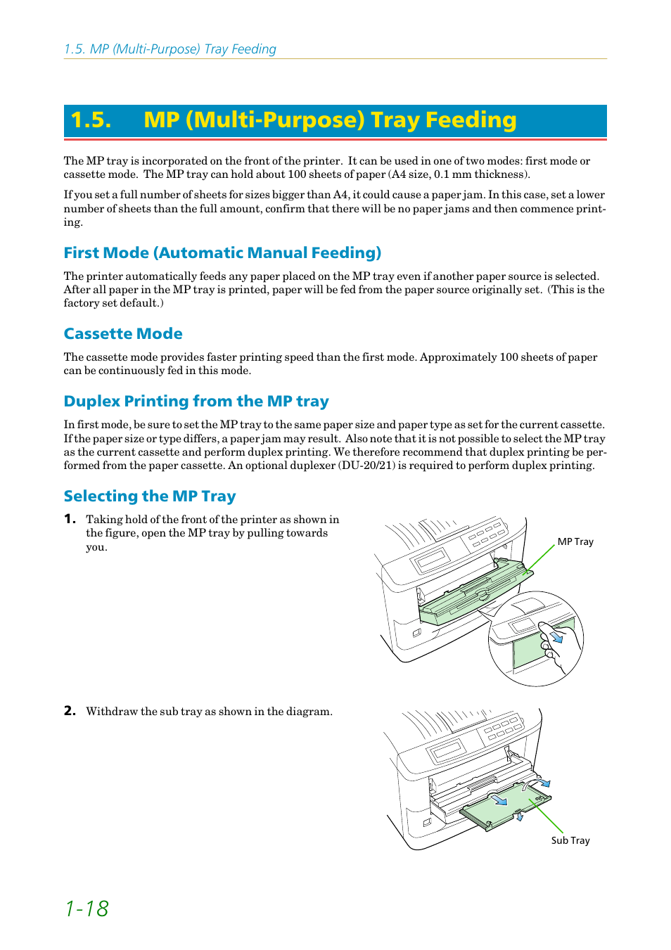 Mp (multi-purpose) tray feeding, First mode (automatic manual feeding), Cassette mode | Duplex printing from the mp tray, Selecting the mp tray, 18 1.5. mp (multi-purpose) tray feeding | Kyocera FS-1200 User Manual | Page 37 / 119