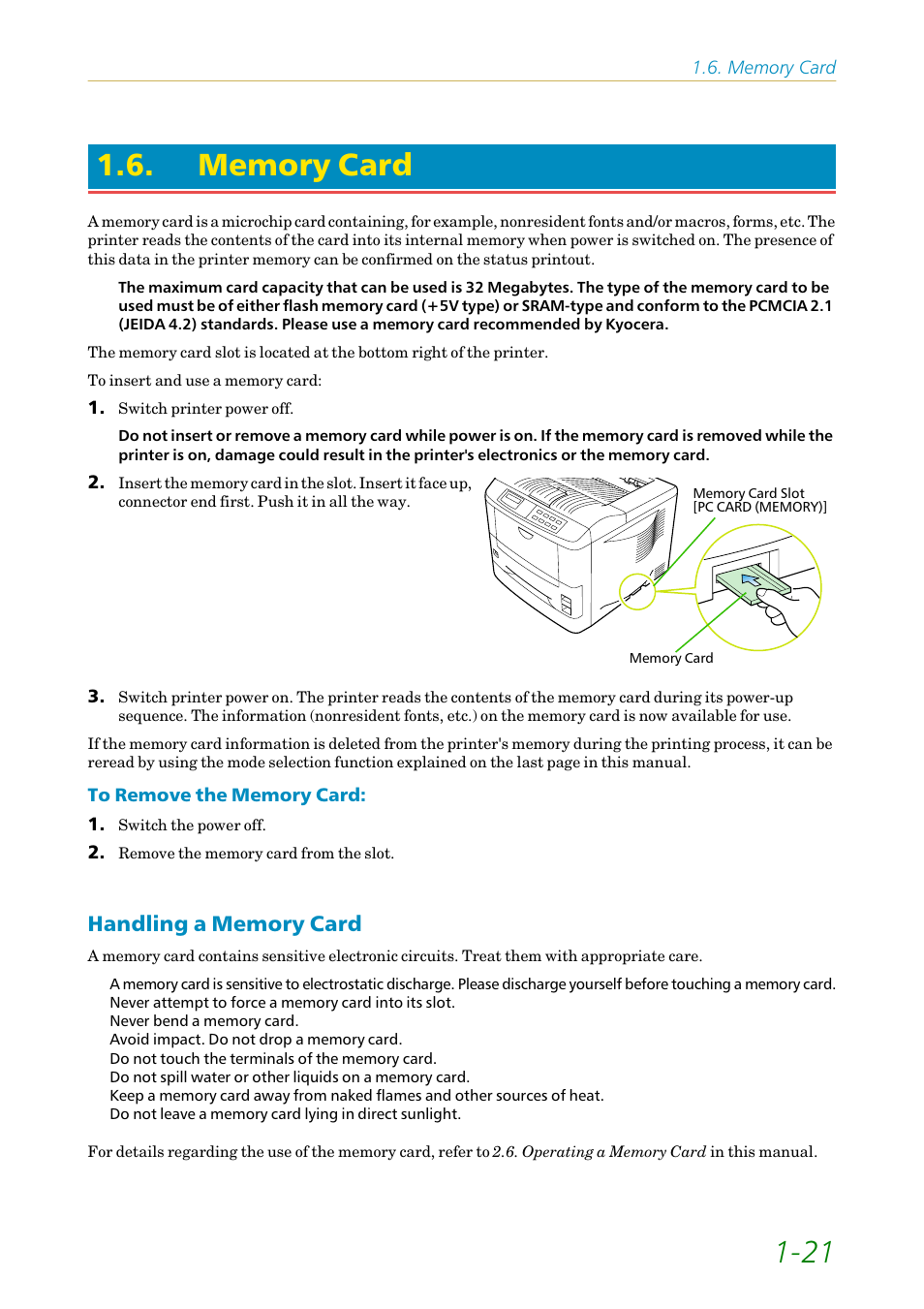 Memory card, Handling a memory card, Handling a memory card -21 | Kyocera FS-1200 User Manual | Page 40 / 119