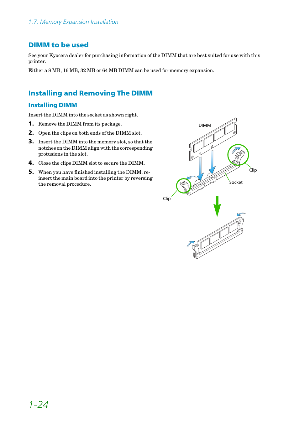 Dimm to be used, Installing and removing the dimm | Kyocera FS-1200 User Manual | Page 43 / 119