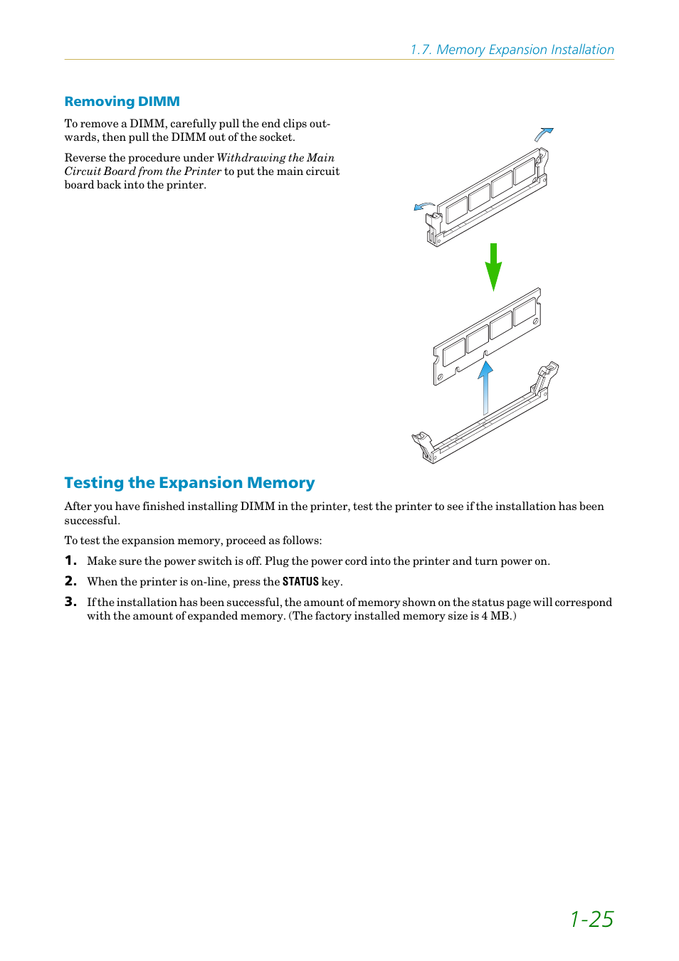 Testing the expansion memory, Testing the expansion memory -25 | Kyocera FS-1200 User Manual | Page 44 / 119