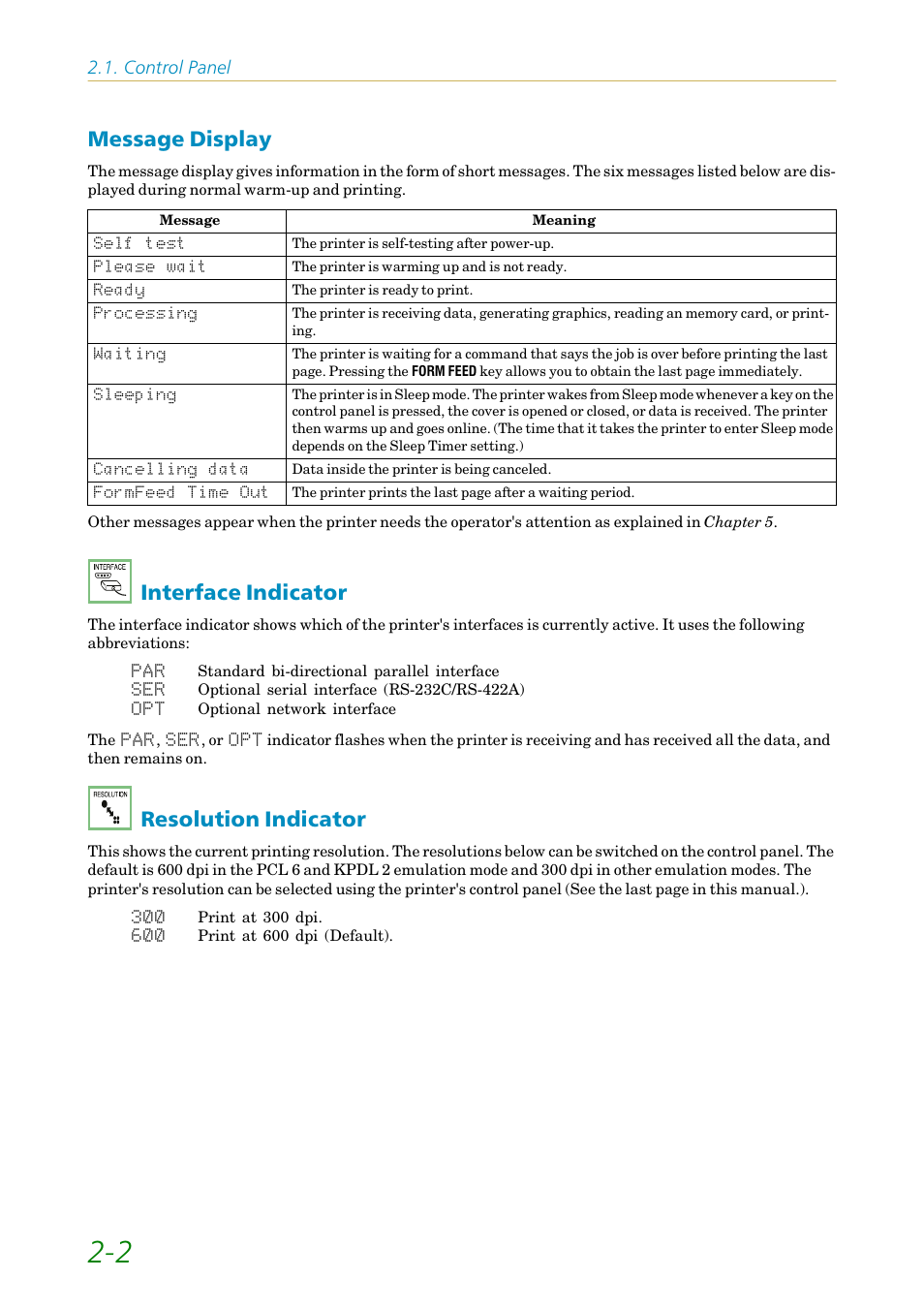 Message display, Interface indicator, Resolution indicator | Control panel | Kyocera FS-1200 User Manual | Page 46 / 119