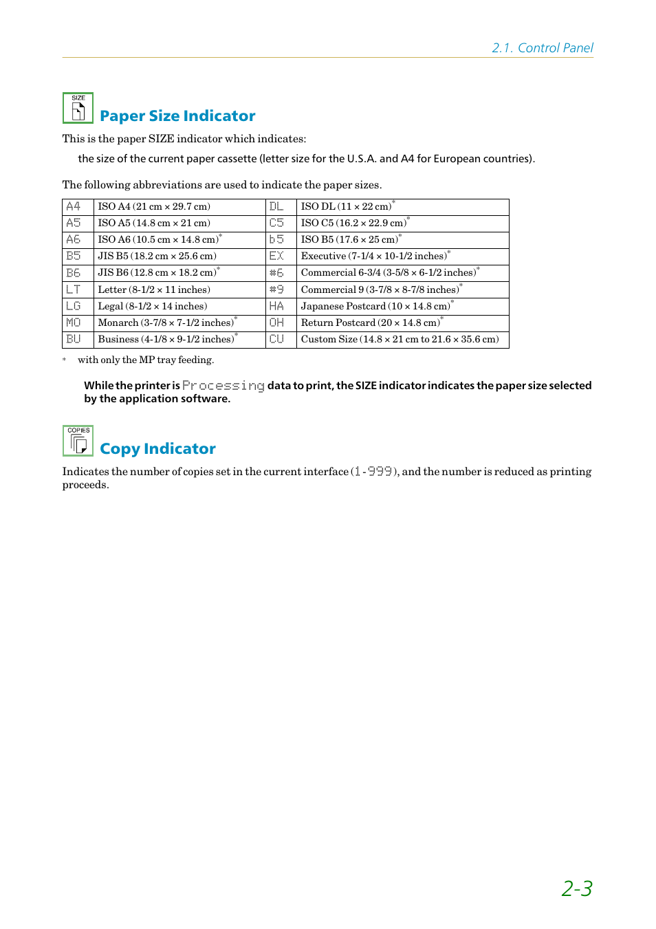 Paper size indicator, Copy indicator, Paper size indicator -3 copy indicator -3 | Control panel | Kyocera FS-1200 User Manual | Page 47 / 119