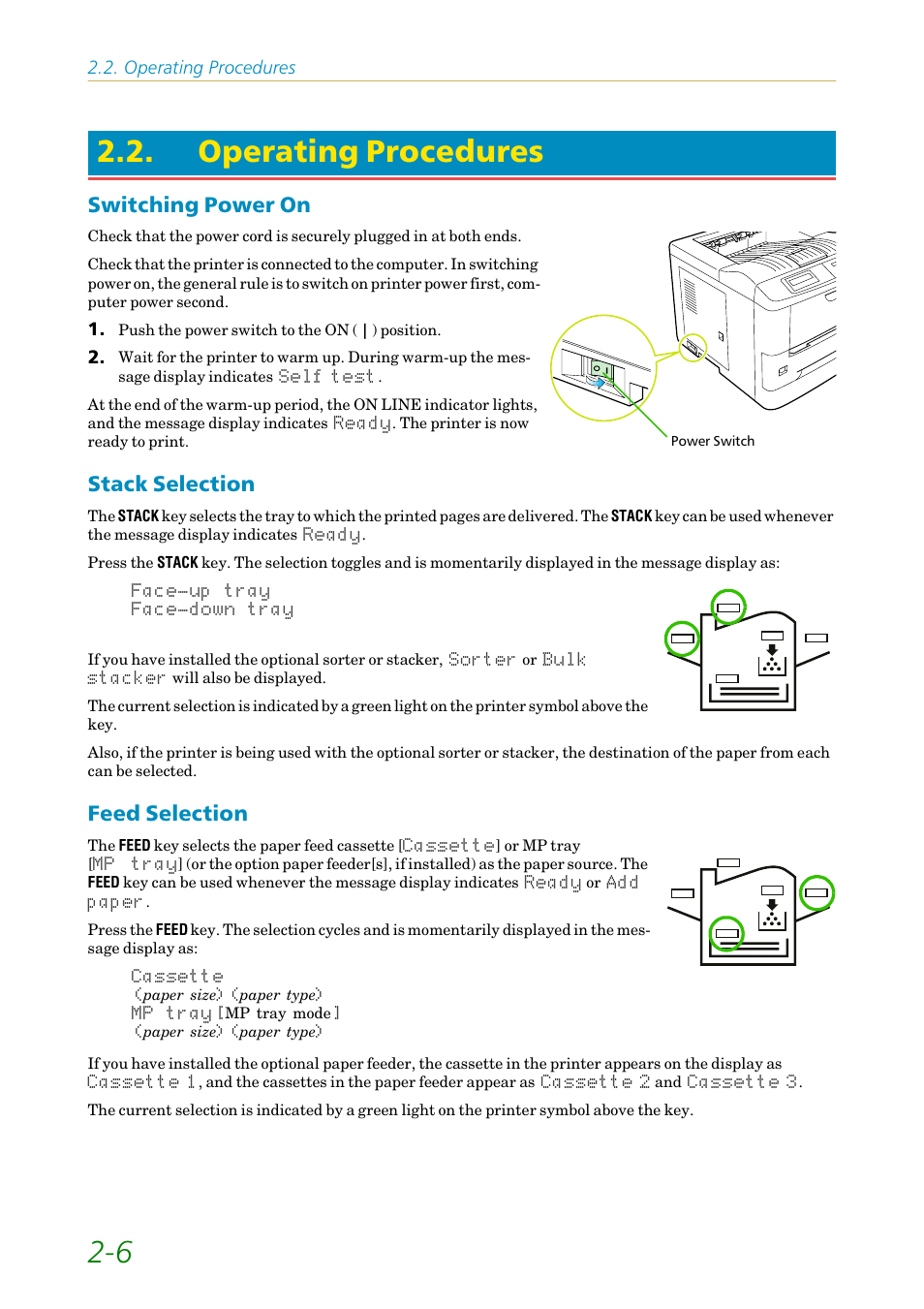 Operating procedures, Switching power on, Stack selection | Feed selection, 6 2.2. operating procedures | Kyocera FS-1200 User Manual | Page 50 / 119