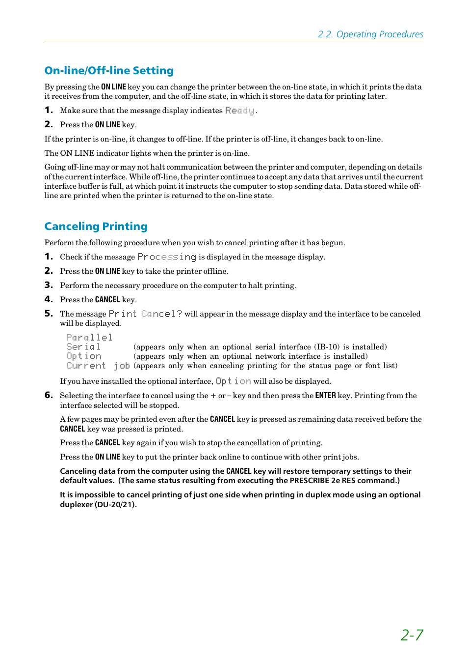 On-line/off-line setting, Canceling printing, On-line/off-line setting -7 canceling printing -7 | Kyocera FS-1200 User Manual | Page 51 / 119