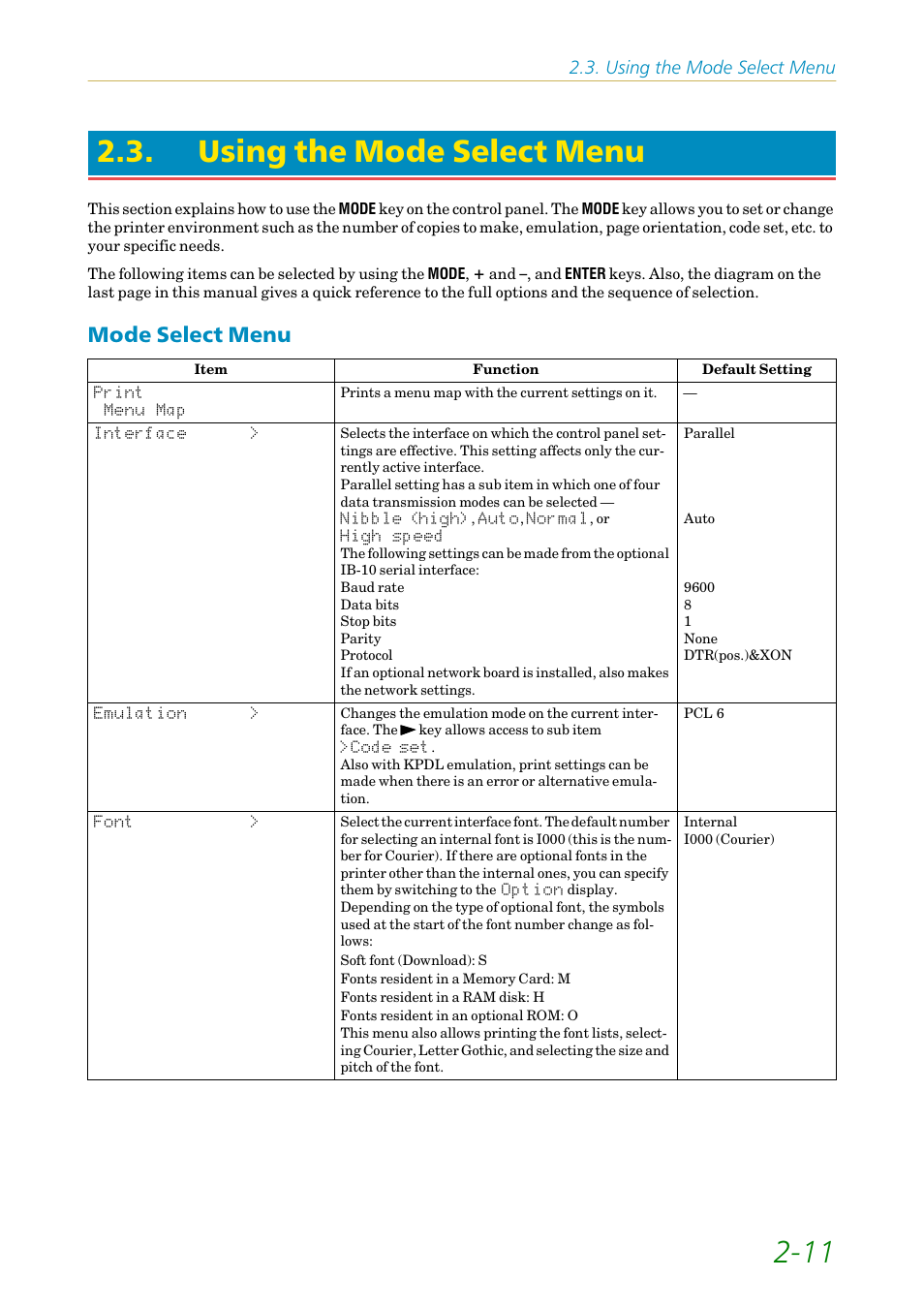 Using the mode select menu, Mode select menu, Mode select menu -11 | Section 2.3 an, 11 2.3. using the mode select menu | Kyocera FS-1200 User Manual | Page 55 / 119