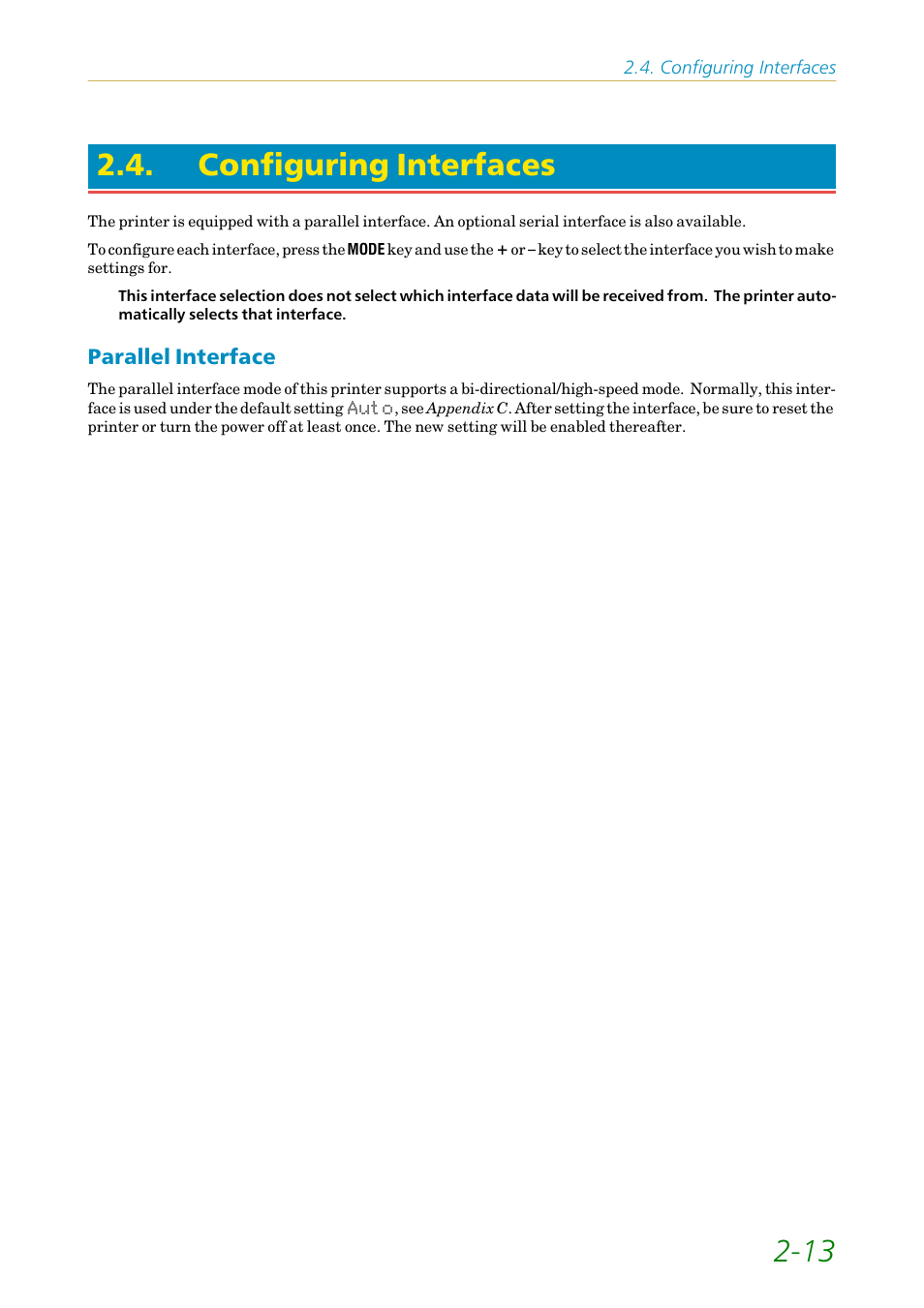 Configuring interfaces, Parallel interface, Parallel interface -13 | 13 2.4. configuring interfaces | Kyocera FS-1200 User Manual | Page 57 / 119