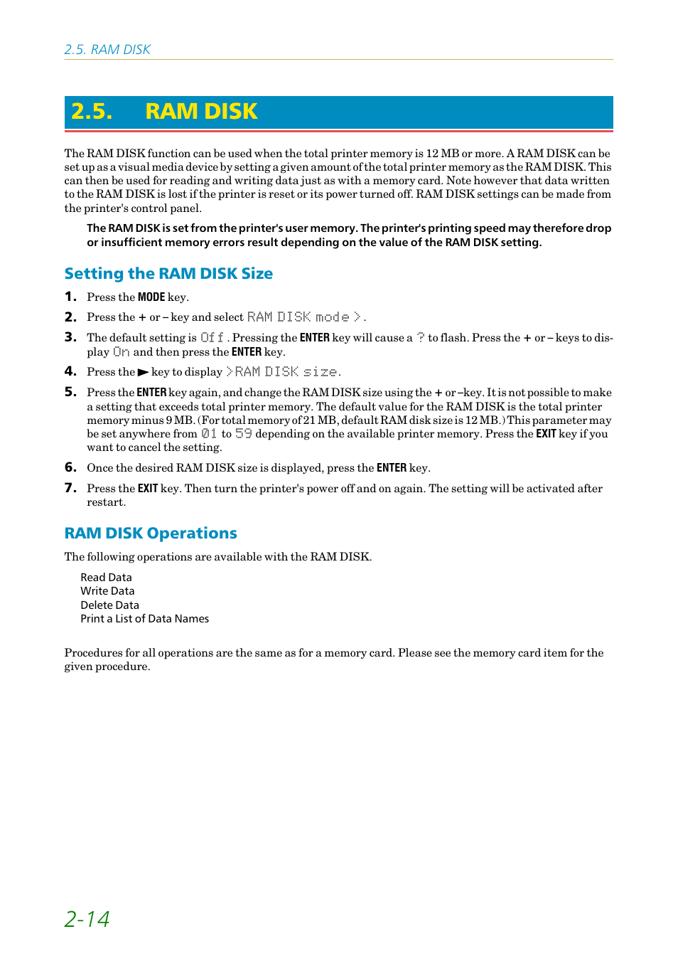 Ram disk, Setting the ram disk size, Ram disk operations | 14 2.5. ram disk | Kyocera FS-1200 User Manual | Page 58 / 119