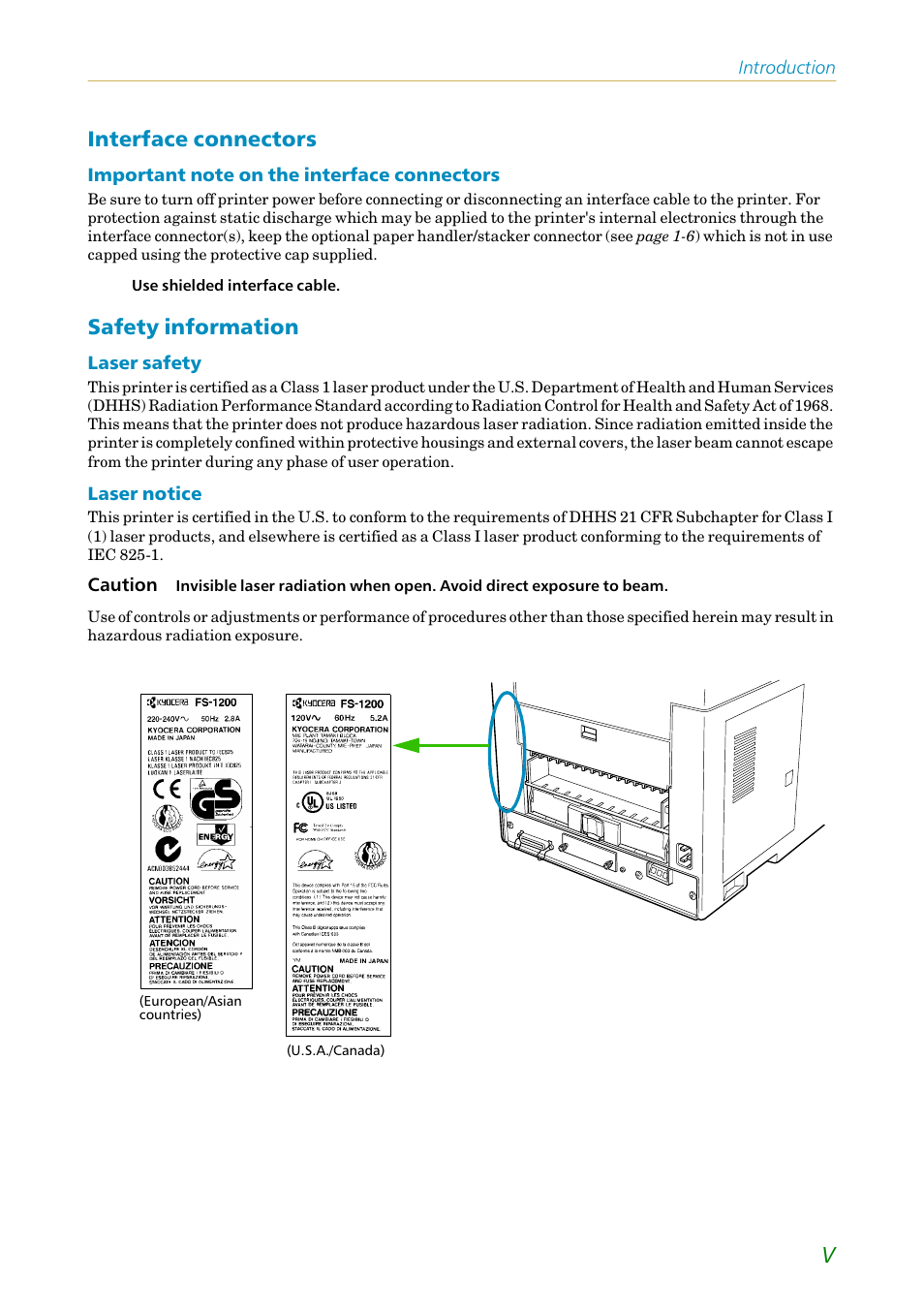 Interface connectors, Safety information | Kyocera FS-1200 User Manual | Page 6 / 119