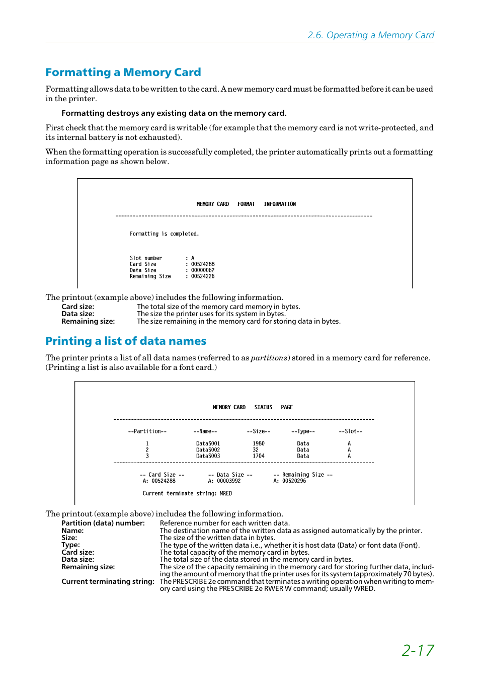 Formatting a memory card, Printing a list of data names | Kyocera FS-1200 User Manual | Page 61 / 119