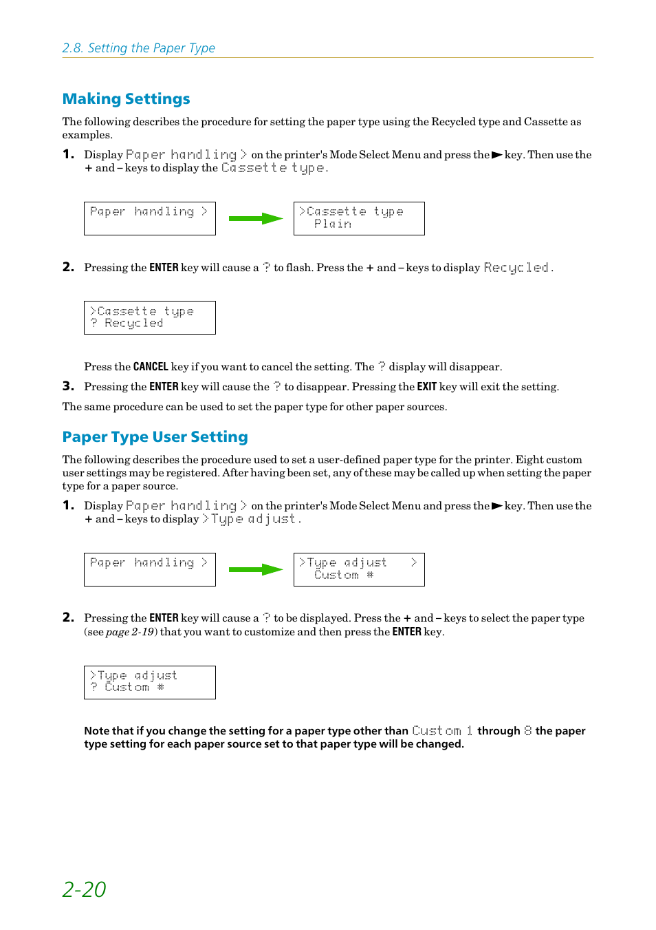Making settings, Paper type user setting, Making settings -20 paper type user setting -20 | Kyocera FS-1200 User Manual | Page 64 / 119