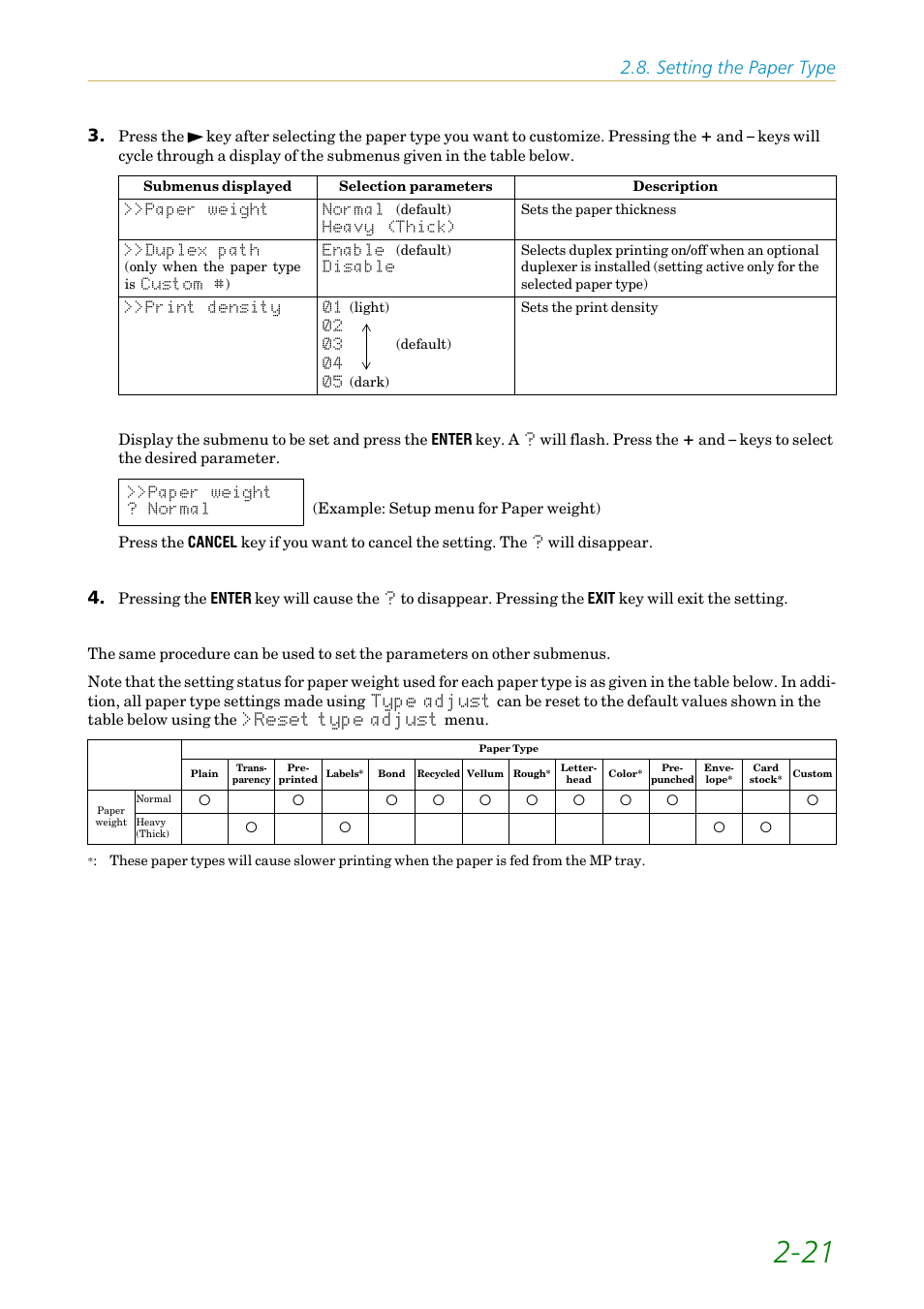 Setting the paper type | Kyocera FS-1200 User Manual | Page 65 / 119