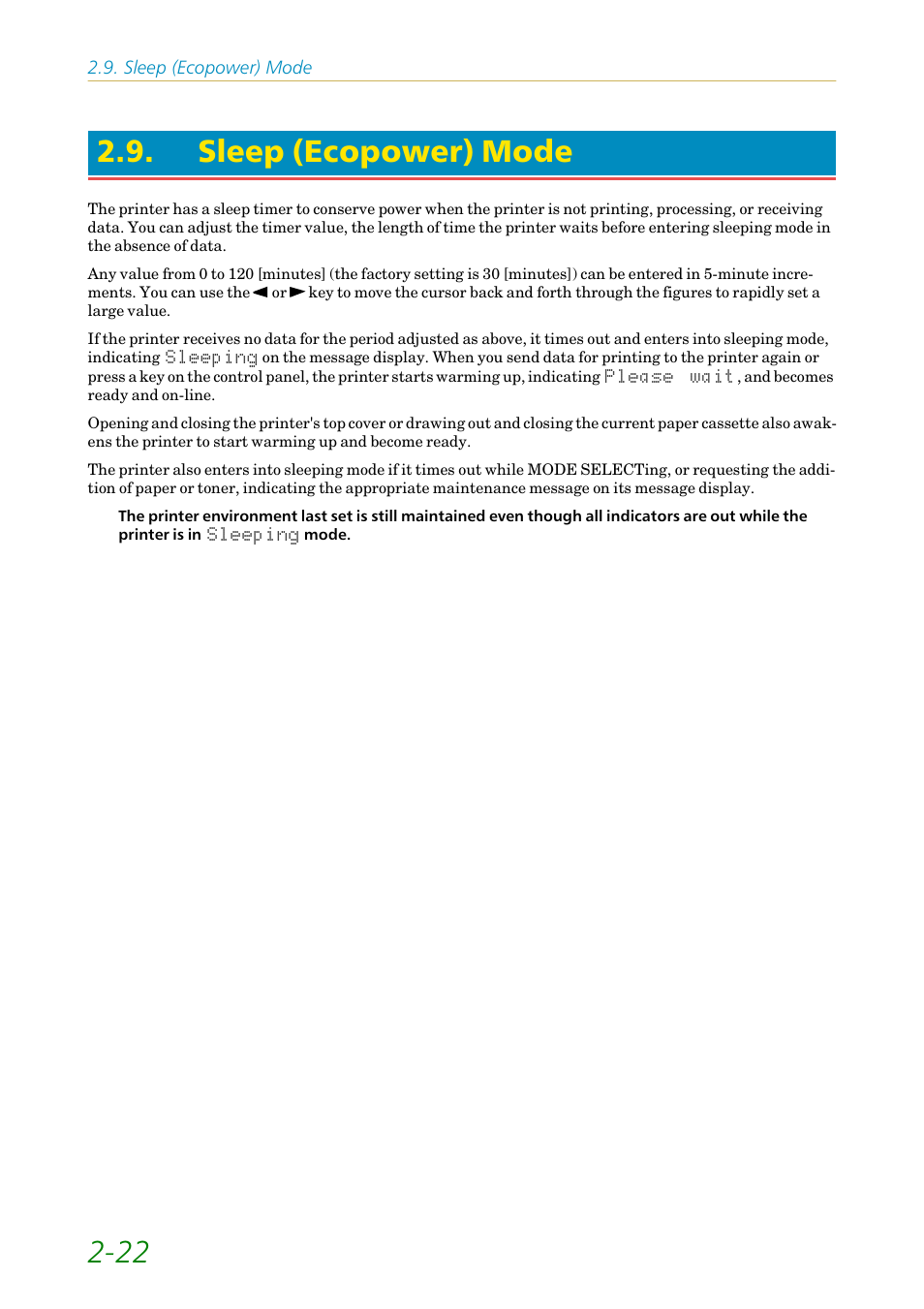 Sleep (ecopower) mode, 22 2.9. sleep (ecopower) mode | Kyocera FS-1200 User Manual | Page 66 / 119